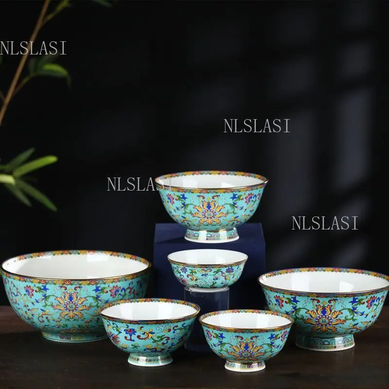 Turquoise Enamel Floral Porcelain Bowl Gilded Rim Vintage Chinese Ceramic Footed Bowl Multi Sizes Available Dining Table Decor