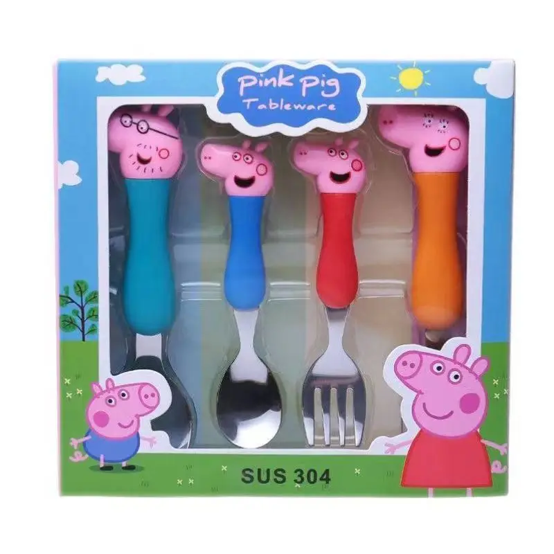 Cute Cartoon Kawaii Peppa Pig Spoon and Fork Stainless Steel Baby 304 Tableware Set Chopsticks Children's Eating Training