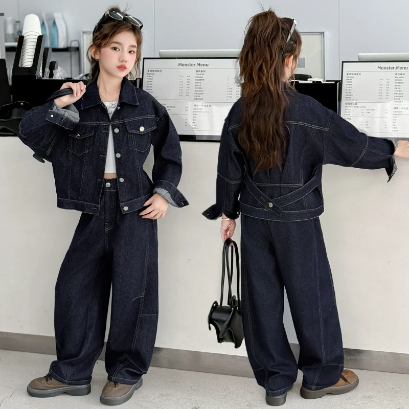autumn teen girls Denim clothes set cowboy jacket+Wide leg jeans 2pcs junior kid coat pants suit child outfits ensemble fille 14