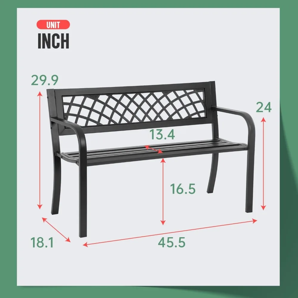 메쉬 패턴 야외 벤치, 다리미 스틸 프레임 파티오 벤치, 플라스틱 등받이 팔걸이, 잔디 마당 현관 입구, 블랙