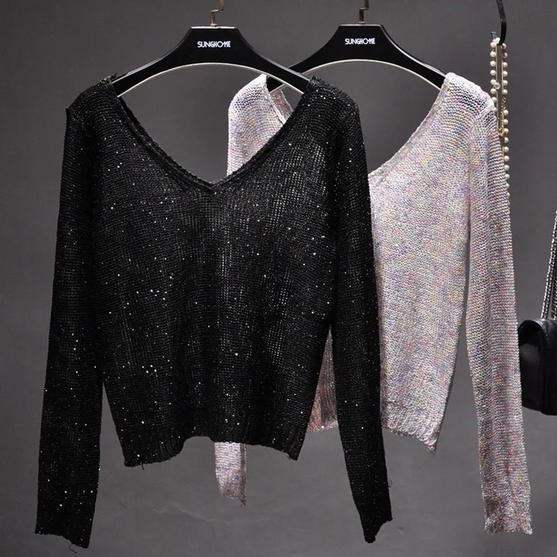 Sequined Double V-Neck Slim Fit Slim Knit Sweater Sparkling Sexy Hollow Bottom Long Sleeve Off-the-Shoulder Top