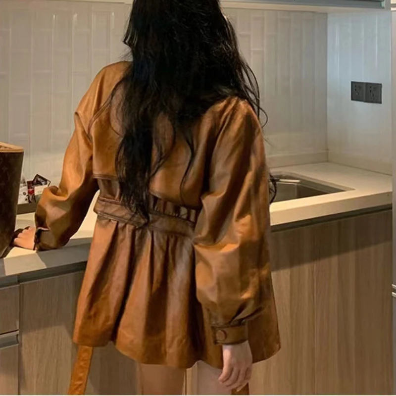 Sheepskin Coat 2023 Women Black/Brown Genuine Leather Jackets Spring Autumn Korean Fashion Lapel Sashes Slim Chamarra Piel Mujer