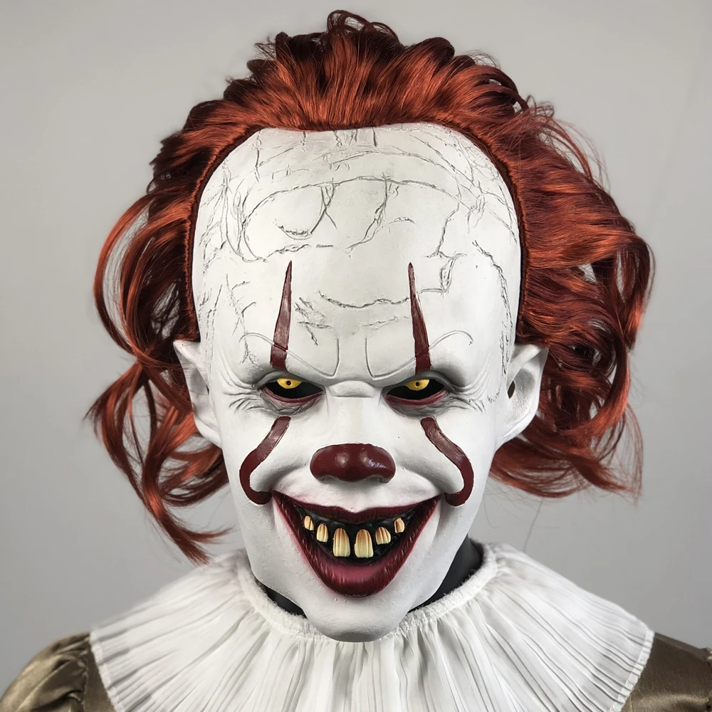 الرعب Pennywise جوكر قناع تأثيري مخيف زاحف الشر شيطان مهرج القتلة اللاتكس خوذة هالوين كرنفال زي حفلة الدعائم