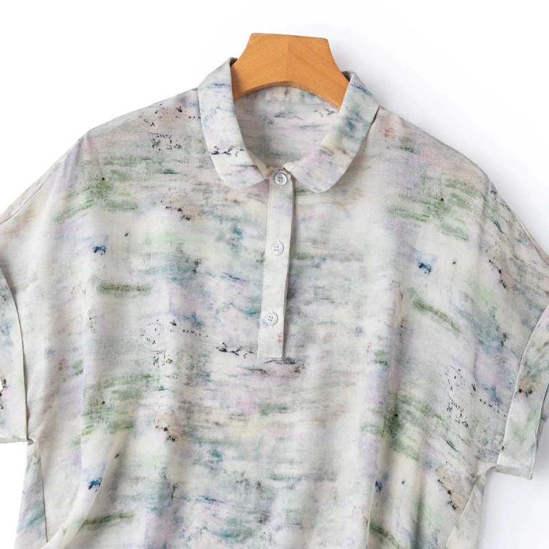 Birdtree, 100% Real Silk Printed Blouse, Polo-neck Short Sleeve Shirt, Women Double Crepe Elegant Tops, 2026 Summer New T64008JF