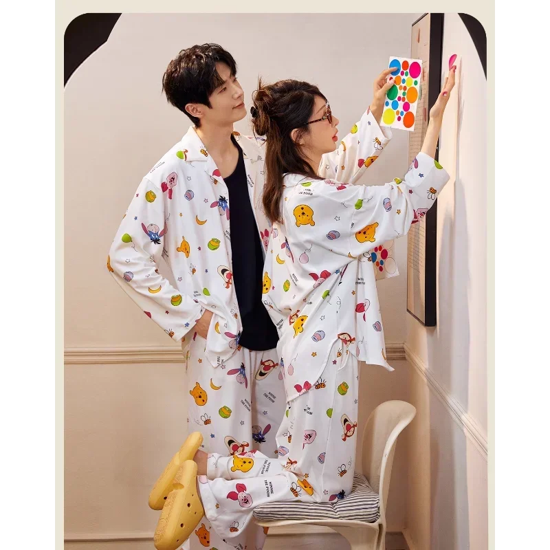 Disney Winnie the Pooh Couple Pajamas Women\'s Cotton Long Sleeve Long Casual Two-piece Set Men\'s Women\'s Pajamas Homewear