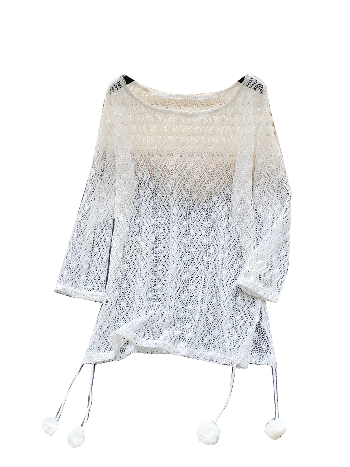 Lace Open Cardigan Women's Summer Long Sleeve Loose Commute Style White Ball Decoration Top Breathable Hollow out Skin-Friendly view 5