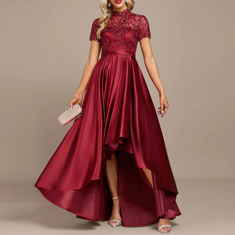 

High Neck Burgundy Prom Dress Short Sleeve Sequined Lace Pleat High/Low Evening Gowns Modern A-Line Mother of the Bride Dresses