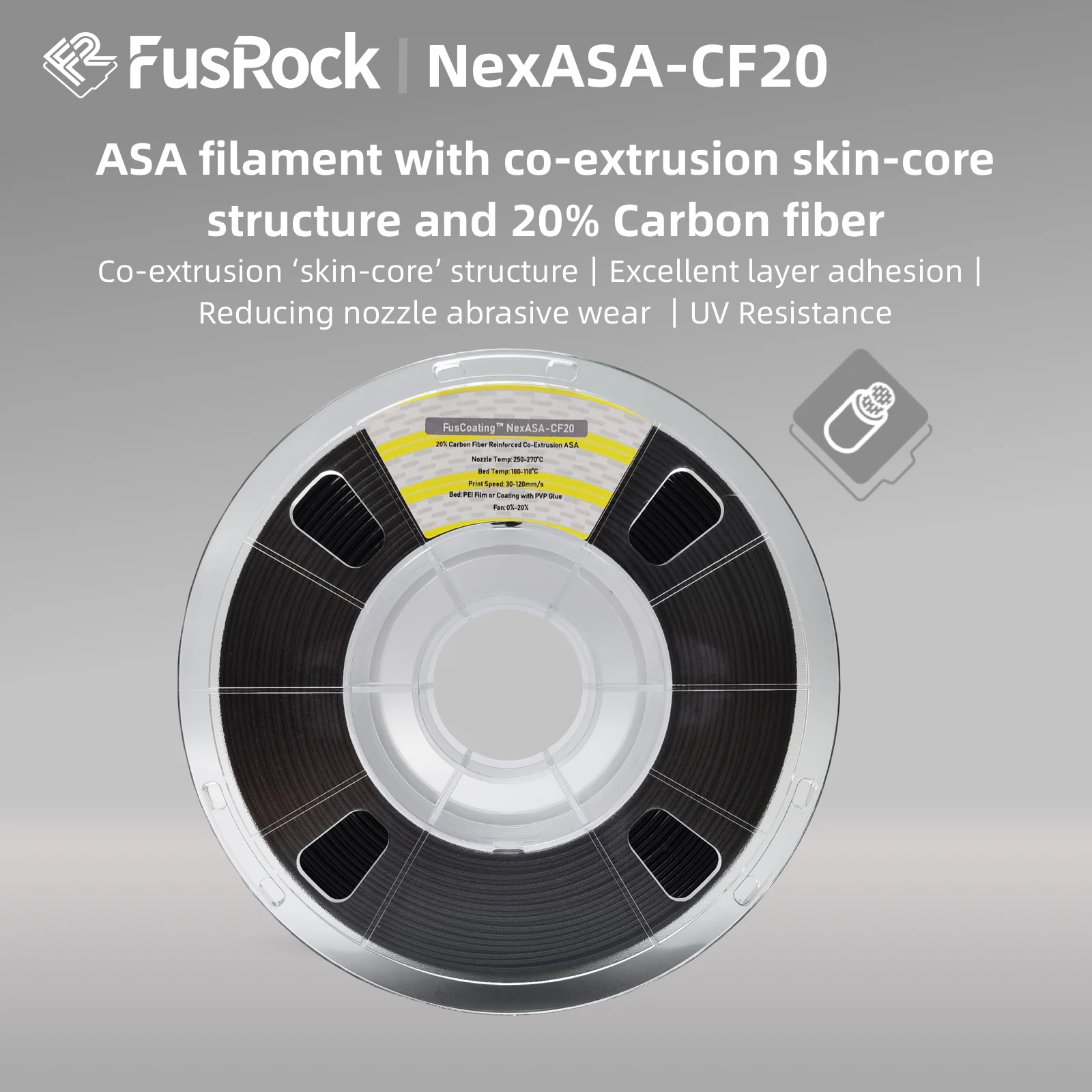 

Нить для 3D-принтера FusRock ASA-CF20, термоэкструзионный структур кожи, превосходная устойчивость к атмосферным воздействиям и ультрафиолетовому излучению, высокая прочность