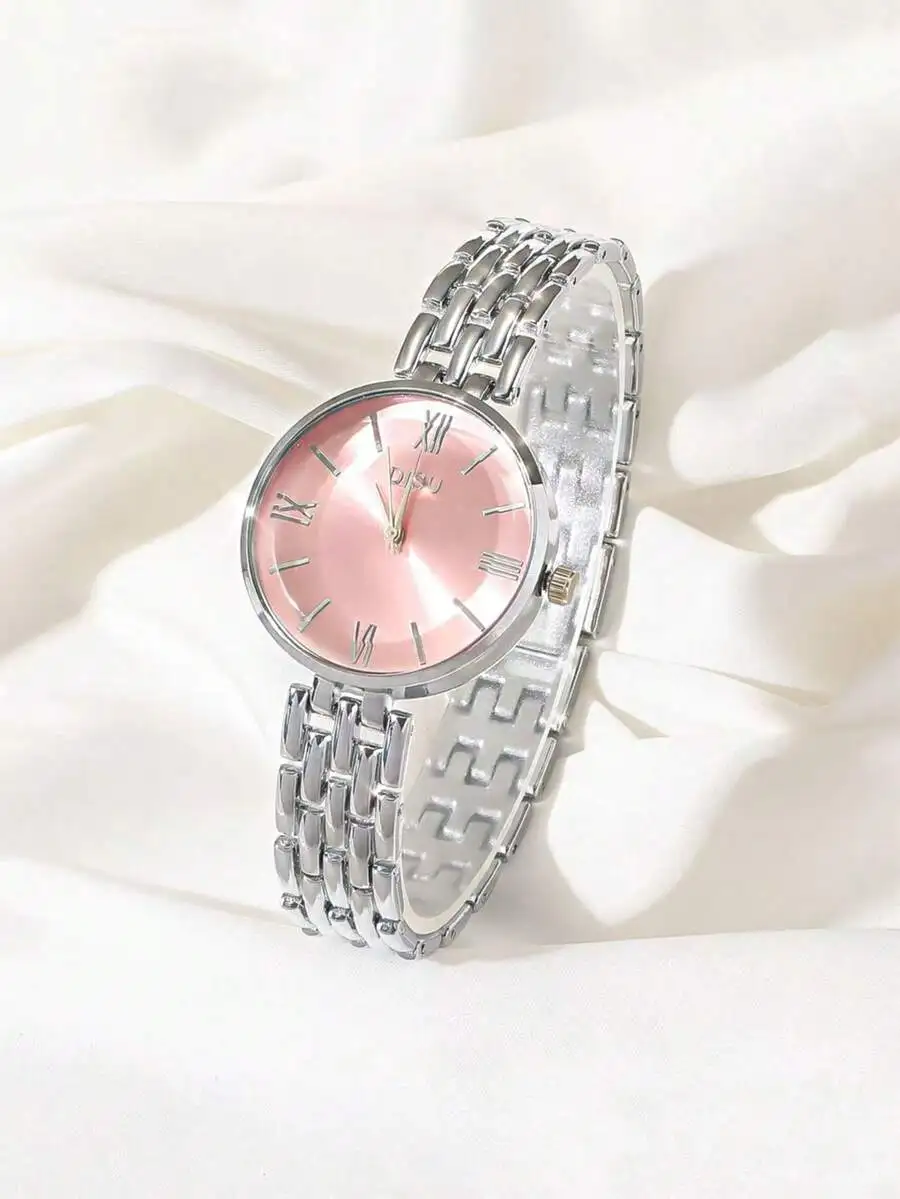 

Elegant Simple Quartz Watch With Pink Dial And Stainless Steel Bracelet For Women