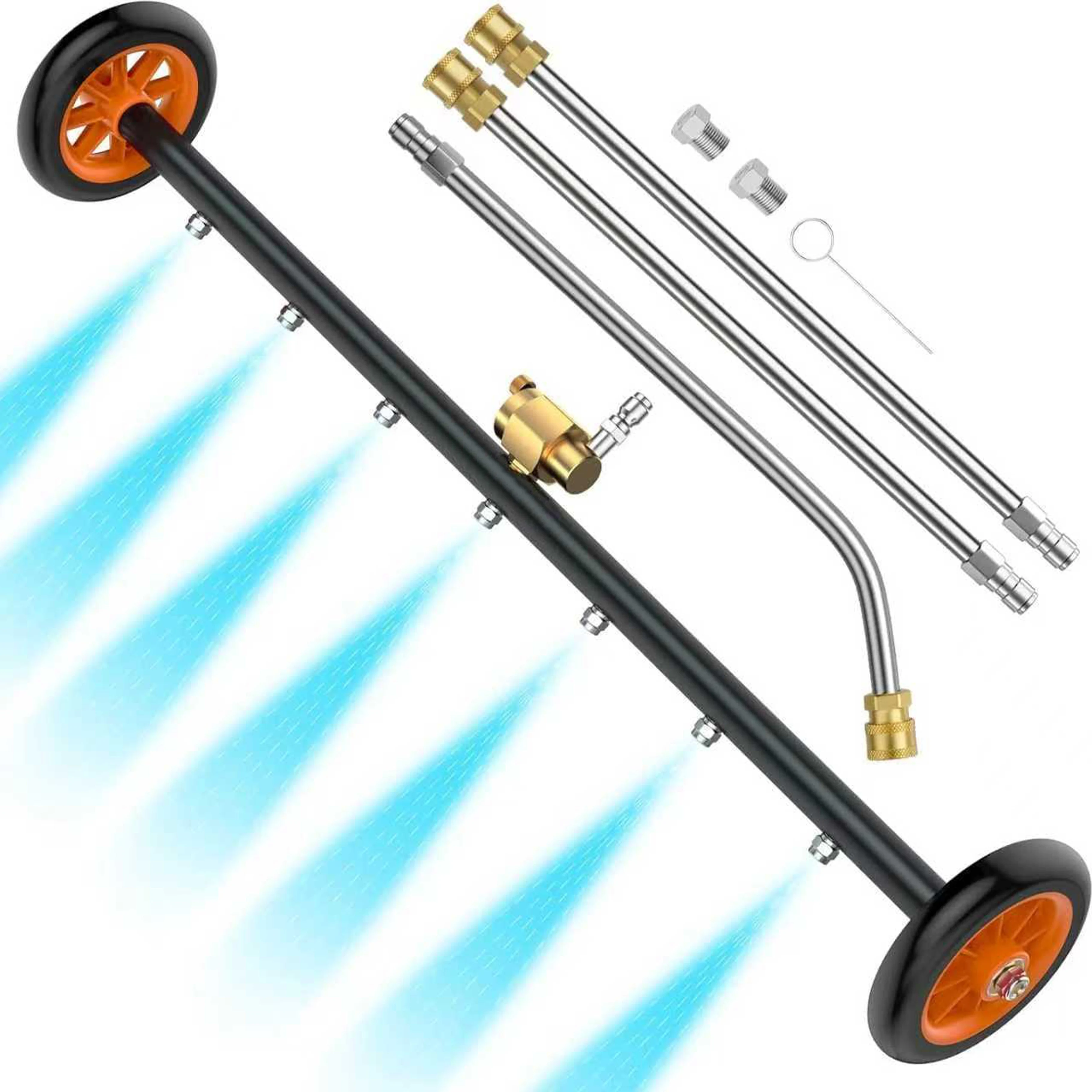 2-in-1 Undercarriage Pressure Washer Attachment 24-Inch Water Broom 7 Nozzles 3-Piece Extension Wand 4000 PSI Orange