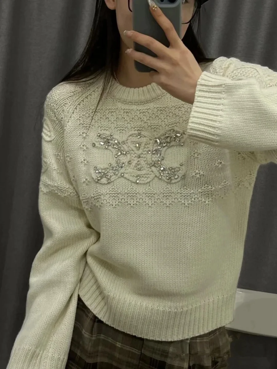 

Модный женский свитер оверсайз с круглым вырезом, украшенный стразами, в корейском стиле, повседневный, универсальный, свободный крой