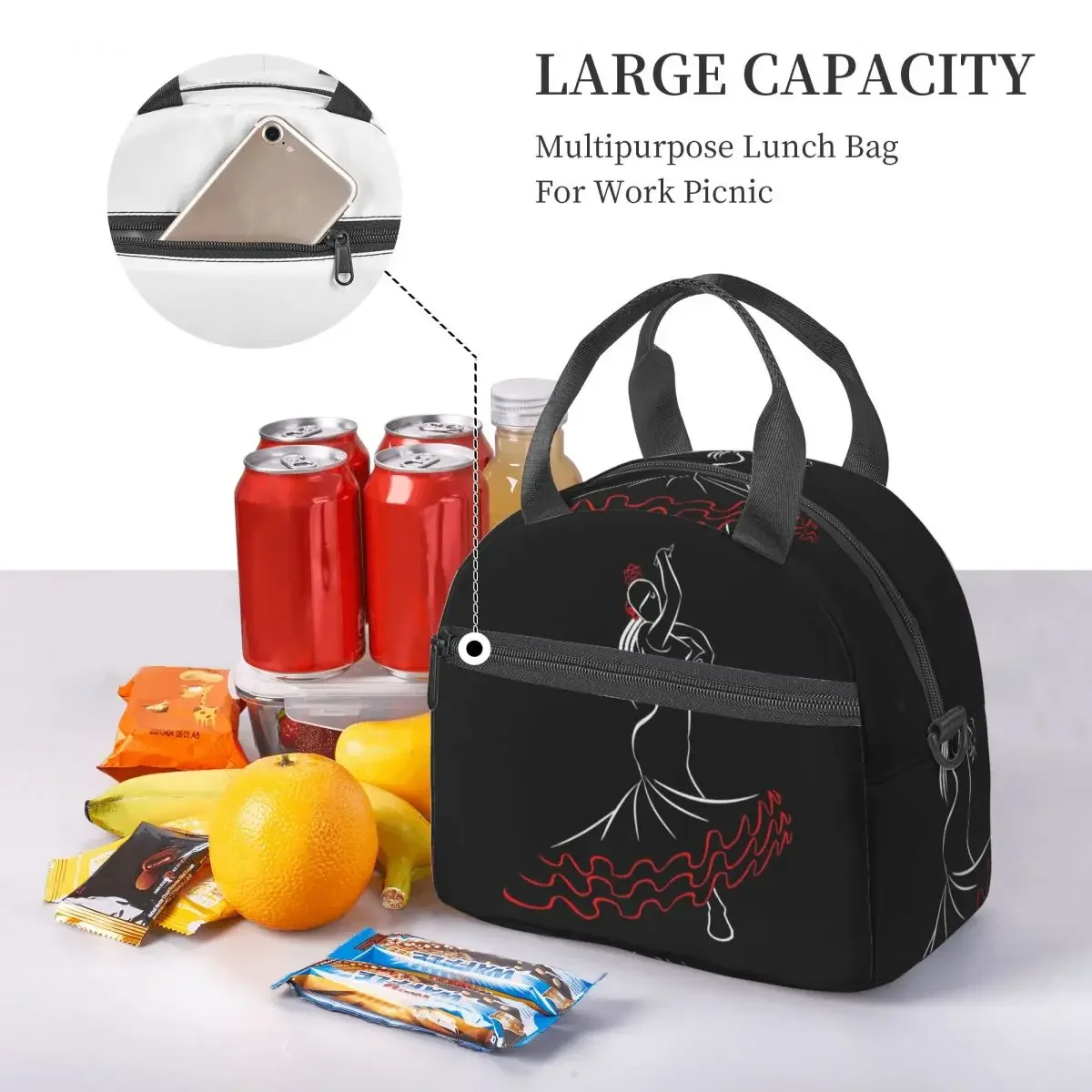 Spain Flamenco Dancer Front Insulated Lunch Bag for Women Kids Portable Food Boxes Thermal Lunch Box Tote
