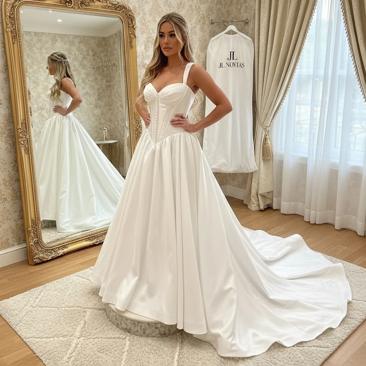 ビーチドレス ノビア Vネック プリーツ ウェディングドレス ロング サテン ボールガウン 花嫁用 ボタン Aライン パフスリーブ ブライダルパーティガウン 女性用