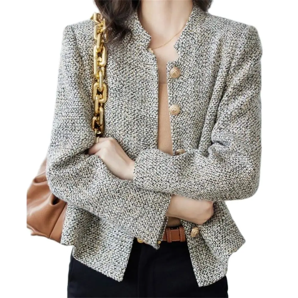 Tweed Korea Hoge kwaliteit korte tweed jas vrouw Koreaanse kleding knop chique elegante 2024 Winter luxe designer kledingjas