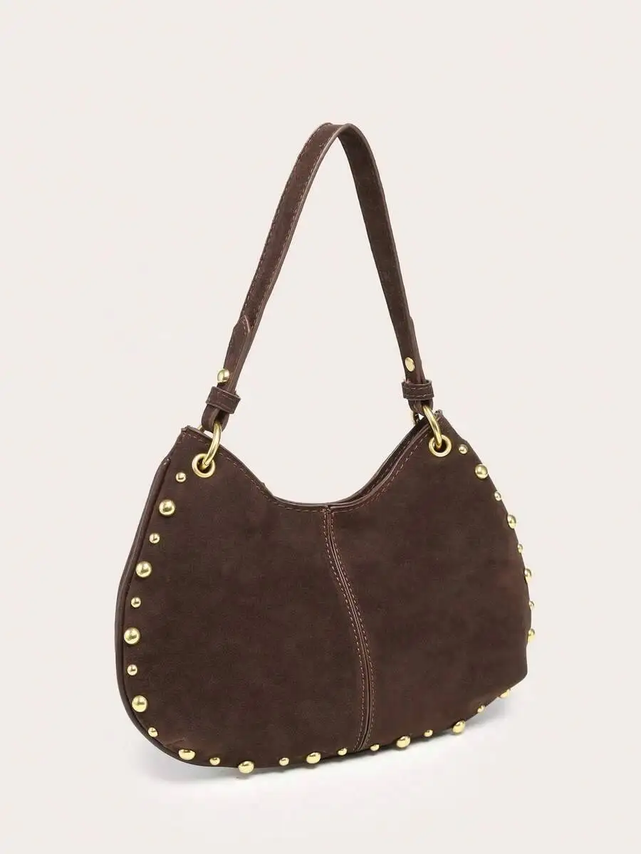 

Women's Crescent Minimalist Rivet Decor Suede Retro Style Shoulder Tote Bag Goth , Punk