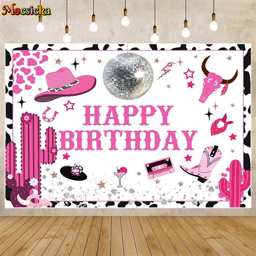 Mocsicka Western Cowgirl Theme Birthday Backdrop Disco Ball Women Girl Pink Birthday Party Decor Background Photo Studio Props