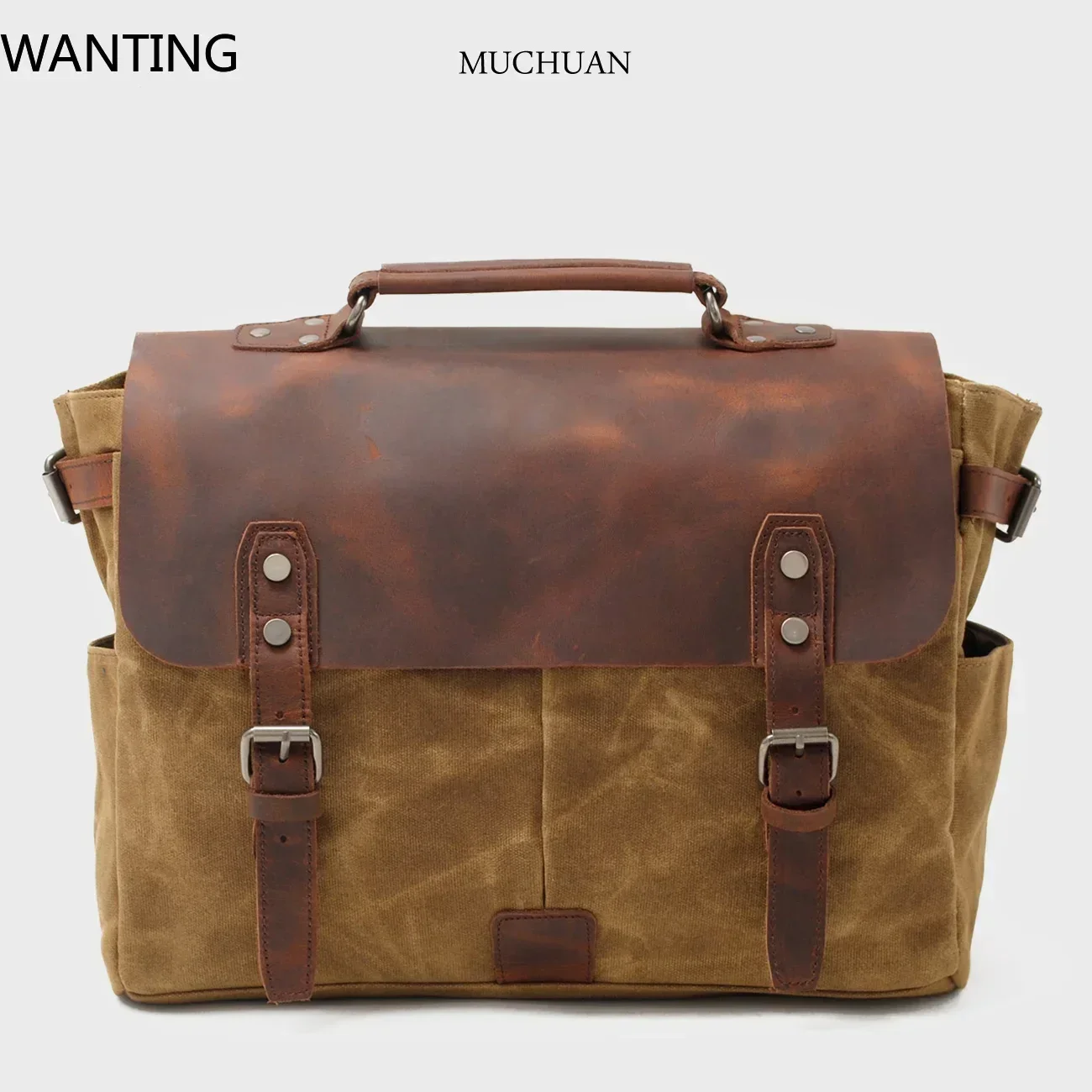 ヴィンテージバティックキャンバスとクレイジーホースレザーブリーフケースハンドバッグメンズバッグビジネストラベルショルダークロスボディバッグ