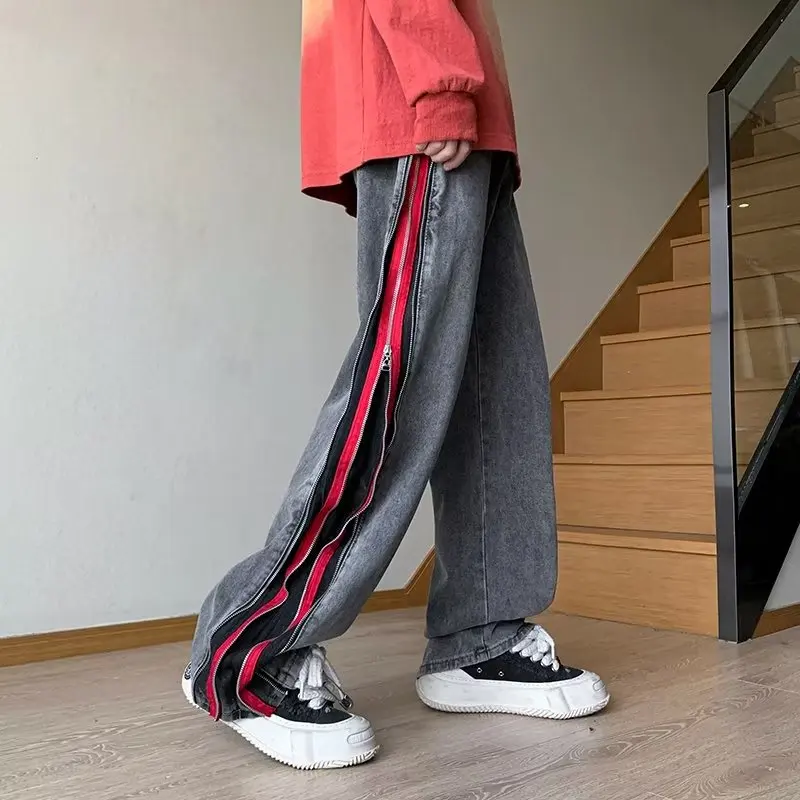 

2023 Kanye Side Zipper Flared Baggy Jeans Y2K Pants For Men Luxury Clothing Straight Grey Hip Hop Denim Trousers Pantalon Homme