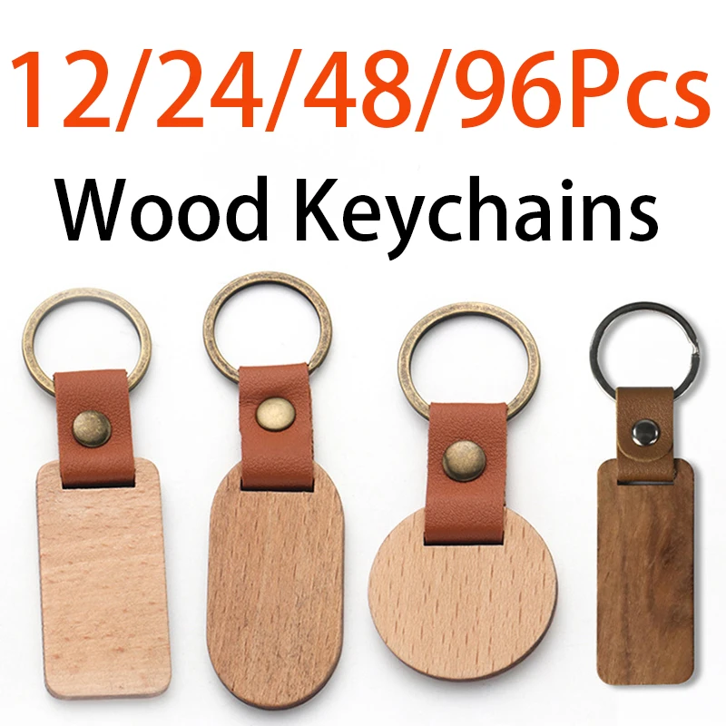 

12-96Pcs Wooden Keychain Hanging Ornaments Leather Key Ring Pendant Blank Wood Key Chains