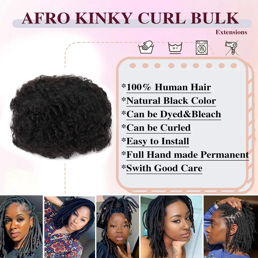10-20 Inch Natural Black 100% Human Hair Afro Kinky Bulk Human Hair Soft 50g/Pack Dyeable Bleachable for Braiding Dreadlocks
