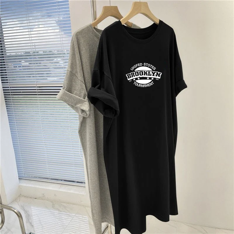 Women Clothing Y2k Letter Printed Dresses, Summer Vintage O-neck Basic Dress, Loose Casual Short Sleeve Knee Length Tunic