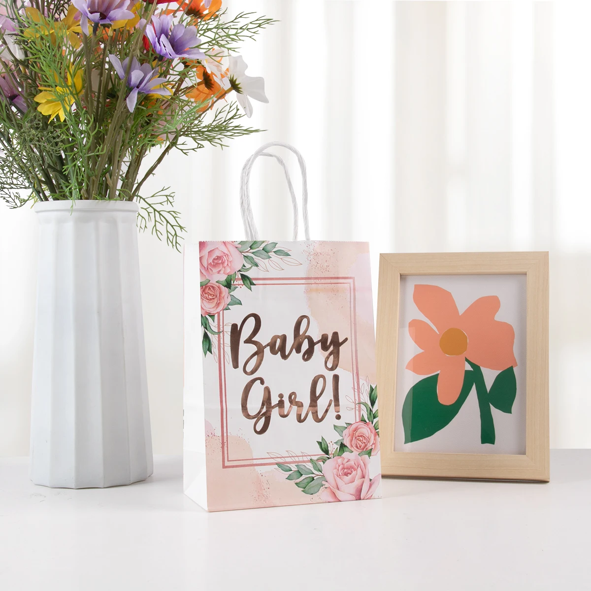 女の赤ちゃんのためのピンクゴールドの花柄の紙袋,キャンディー包装,ベビーシャワー用品,誕生日パーティーの装飾,6個