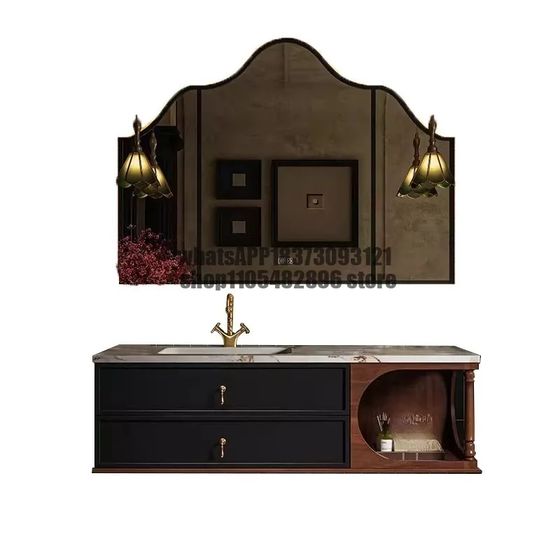 French Retro Solid Oak Lacquered Bathroom Wall Cabinet Luxury Light Sink Vanity Toilet Basin Washbasin Home Decor
