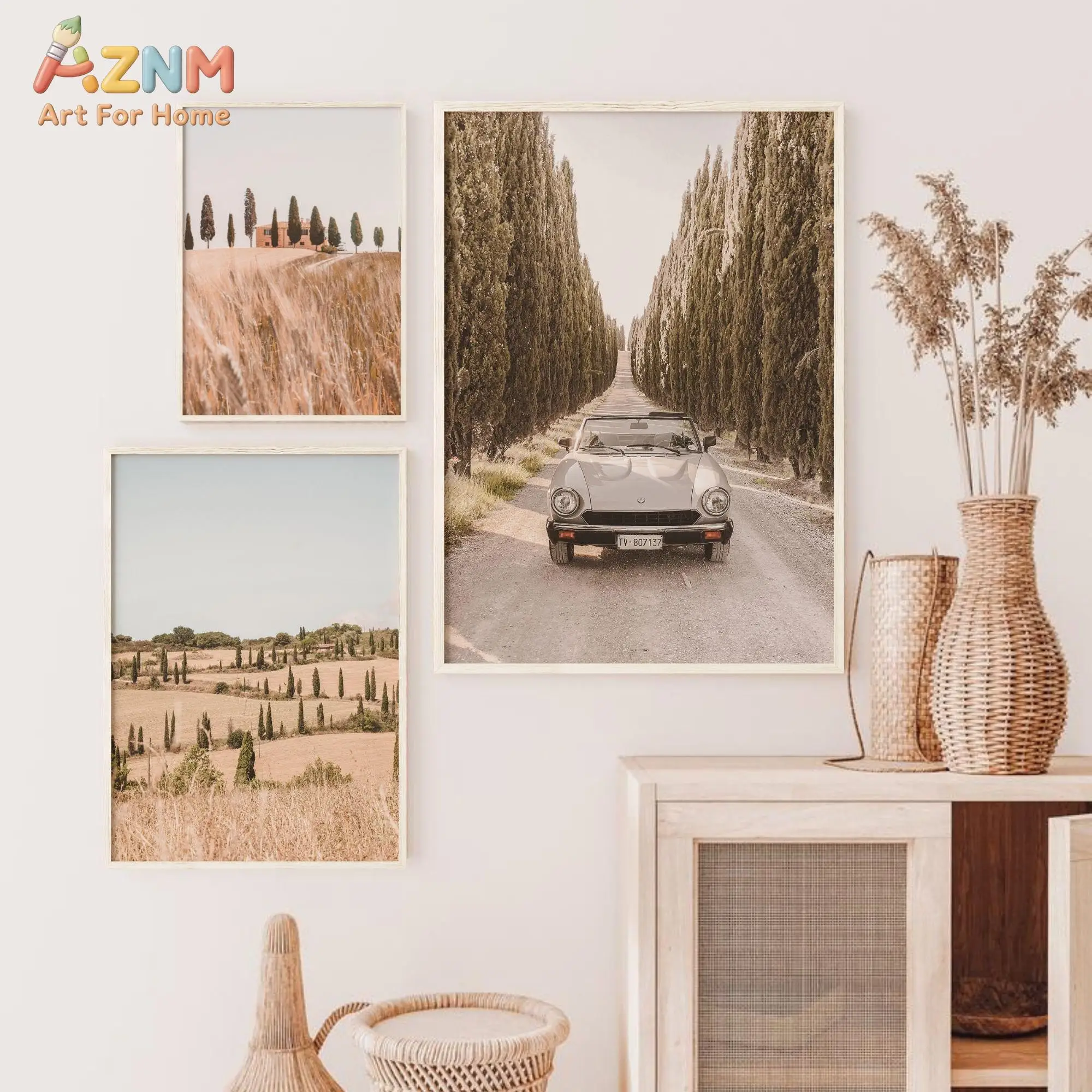 3pcs AZNM Vintage Tuscany Rural Road Convertible Car Canvas Wall Art, Warm Earth Tone Cypress Tree Wheat Field Landscape Poster,