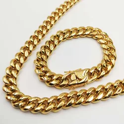 14mm Stainless Steel Miami Curb Cuban Link Chains Necklace Bracelet Fashion Double Safety Clasps Jewelry Sets For Men Women