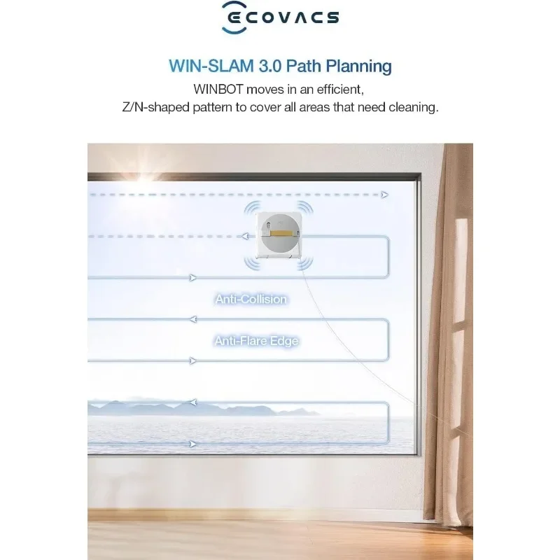 ECOVACS Winbot W1 Pro Window Cleaning Robot, Intelligent Cleaning, Dual Cross Water Spray Technology, Win SLAM 3.0 Path Planning