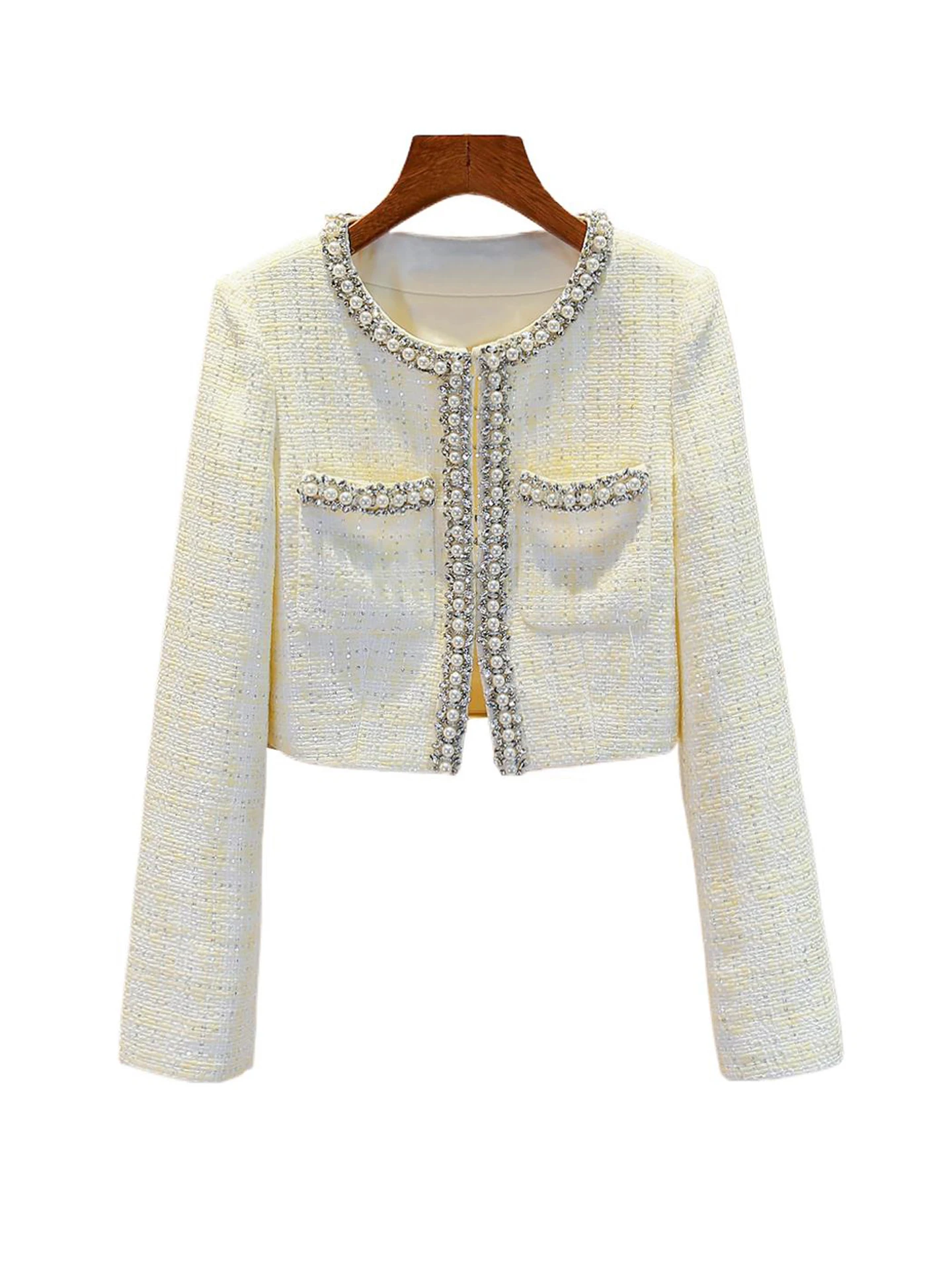 

South Oil High-End Women's ort Jaet 2025 Autumn Pearl Embellied Diamond-Encrusted Tweed Commute Sle Stand Fit