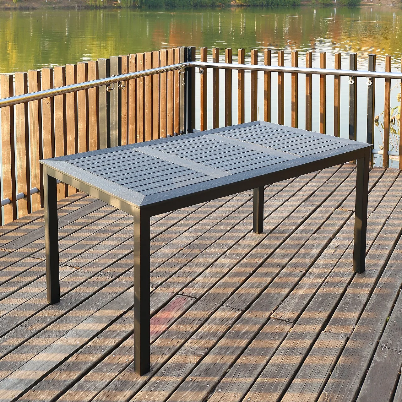 

Современный дизайн, уличная мебель для отдыха, алюминиевый садовый стол, водонепроницаемый обеденный стол из пластика под дерево для патио