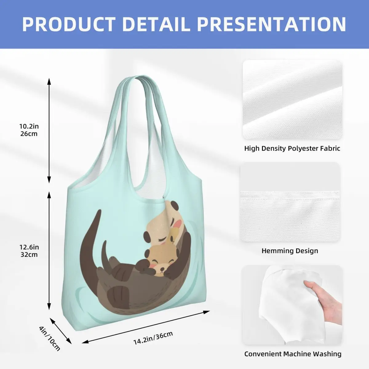 Cute Kawaii Sea Otter Mom And Baby Shopping Tote Bag Recycling Canvas Grocery Shoulder Shopper Bags Photography Handbag