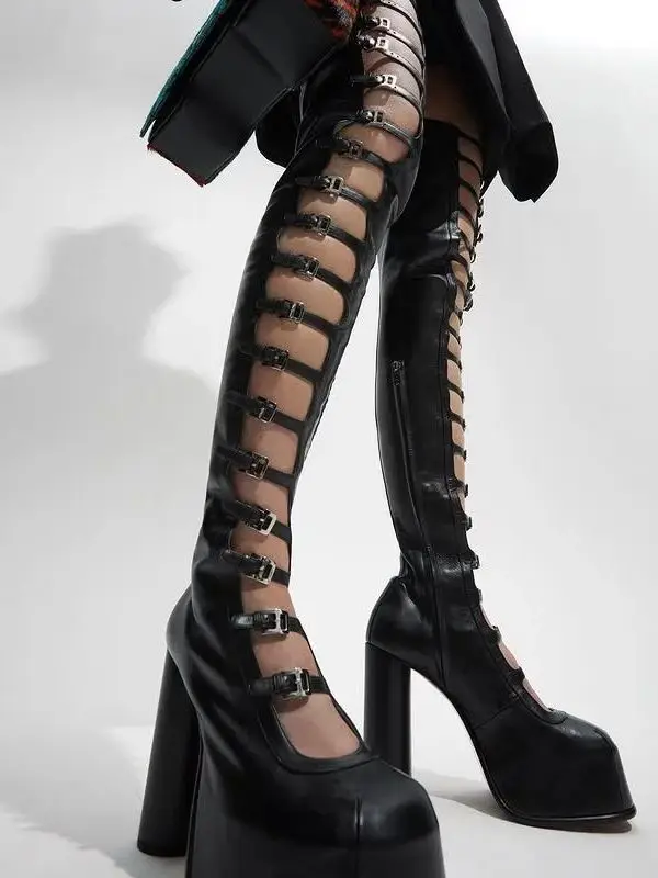 Hollow Belt Buckle Over Knee Boots 2026 New Platform Round Street Sexy Catwalk Thick High Heels Fashion Party Summer Stage Boots