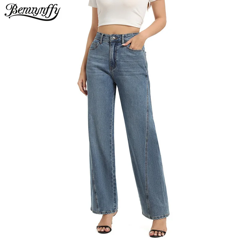 

Benuynffy винтажные классические синие прямые джинсы женские осень 2024, новые мягкие повседневные универсальные широкие брюки с высокой талией
