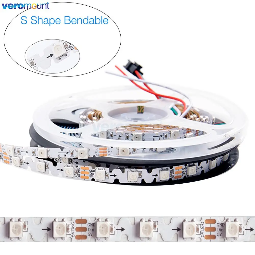 5m 5V 5mm 48leds/m 8mm 60leds/m 5050 SMD Individually Addressable WS2812B RGB LED Pixel Strip S Shape Bendable IP20 Waterproof 