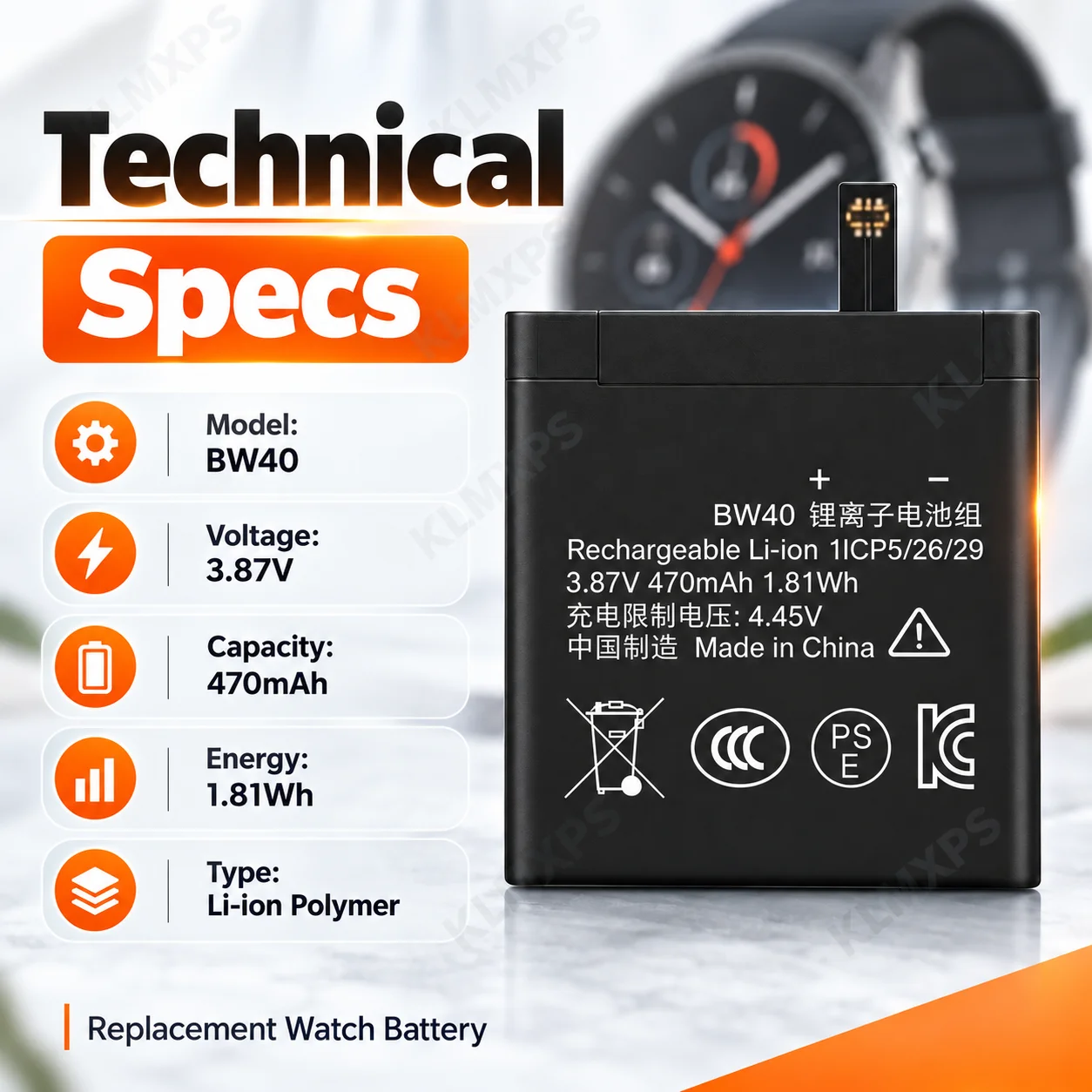BW40 Battery Replacement 3.87V 470mAh Li-ion Polymer Rechargeable Battery for Watch S1 S1 Active Color 2 M2108W1 with Tool Kit