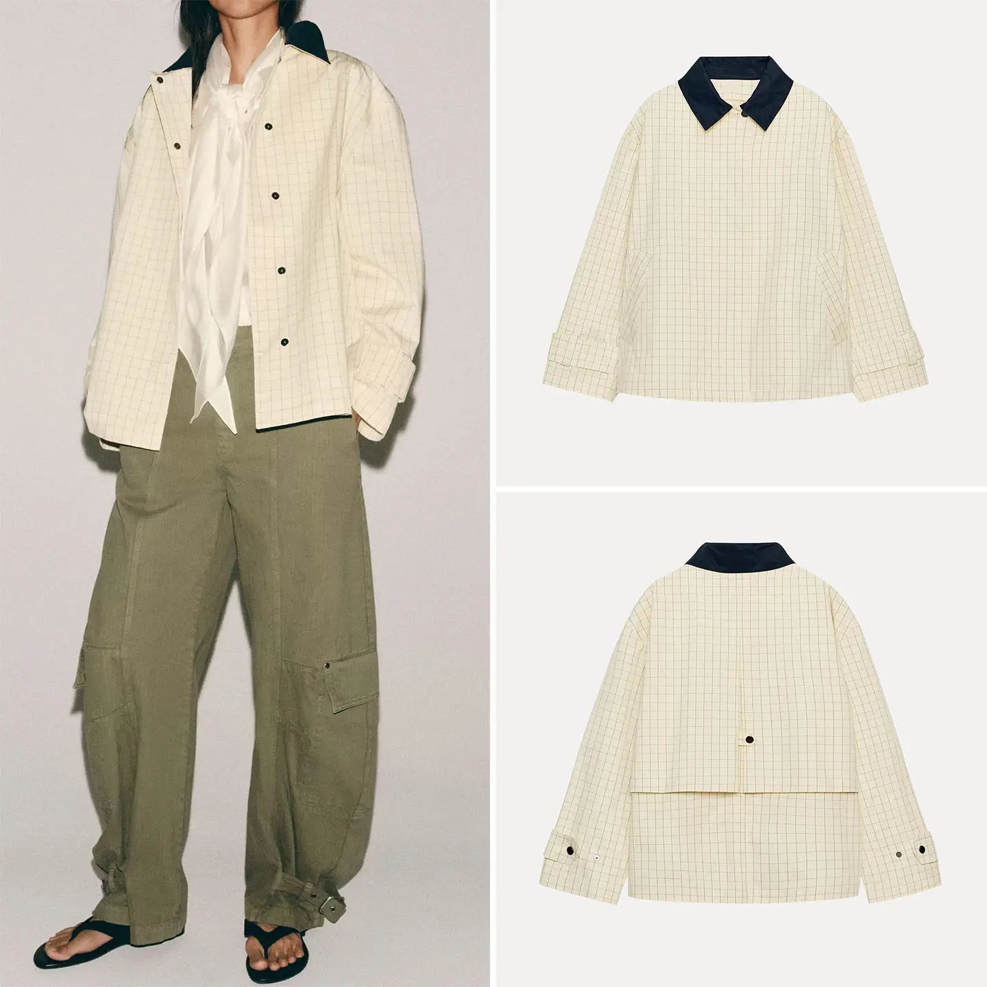 

Fashionable Plaid Long Sleeve Contrast Color Collar Jacket Women's Spring Summer Outerwear ZADATA Standard Fit Button up