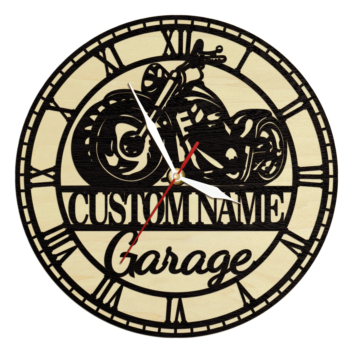 Custom Motorcycle Garage Sign Wooden Wall Clock For Man Cave Custom Personalised Biker Name Motorcyclist Living Hinge Wood Clock