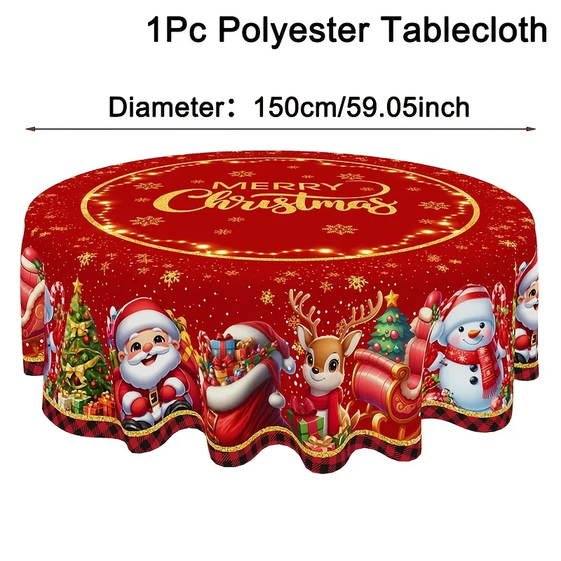 One red Christmas tablecloth, featuring patterns of Santa Claus, snowmen and reindeer - circular and rectangular shapeszyc