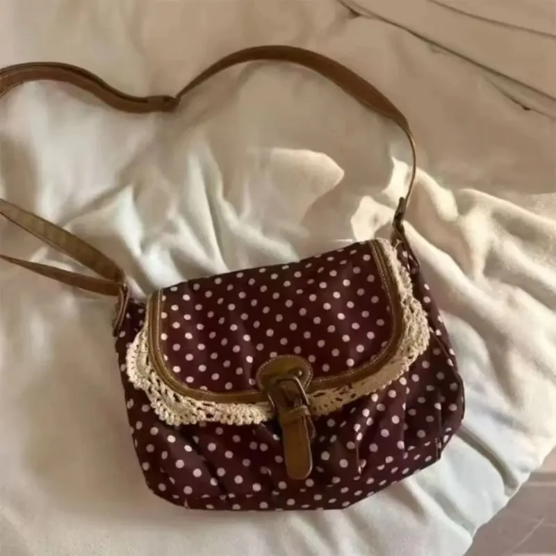 

2025 Polka Dot Vintage Bag Canvas Casual Crossboby Bag Lace One-Shoulder Bag