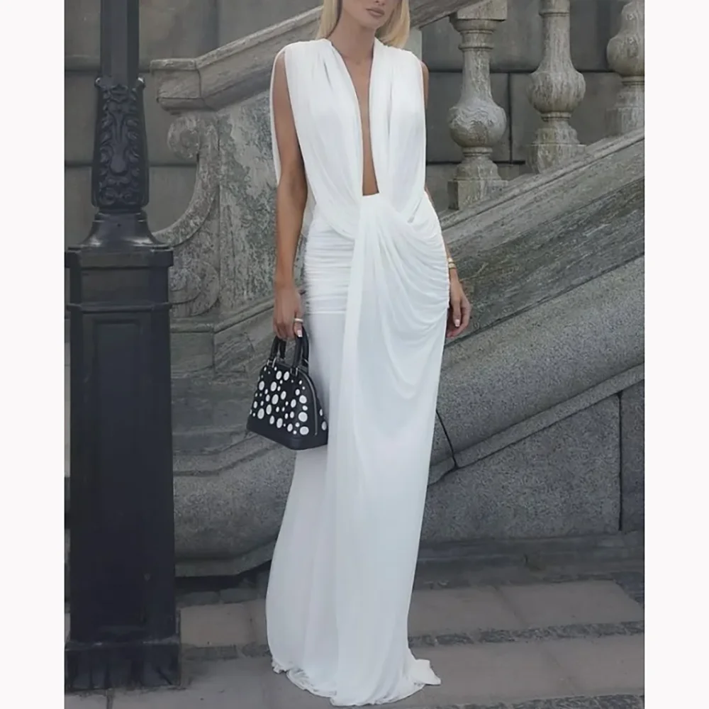 

White Women Dress Customized Chiffon Sexy V-neck Sleeveless Evening Gown Elegant Temperamental Banquet and Wedding Party Dress