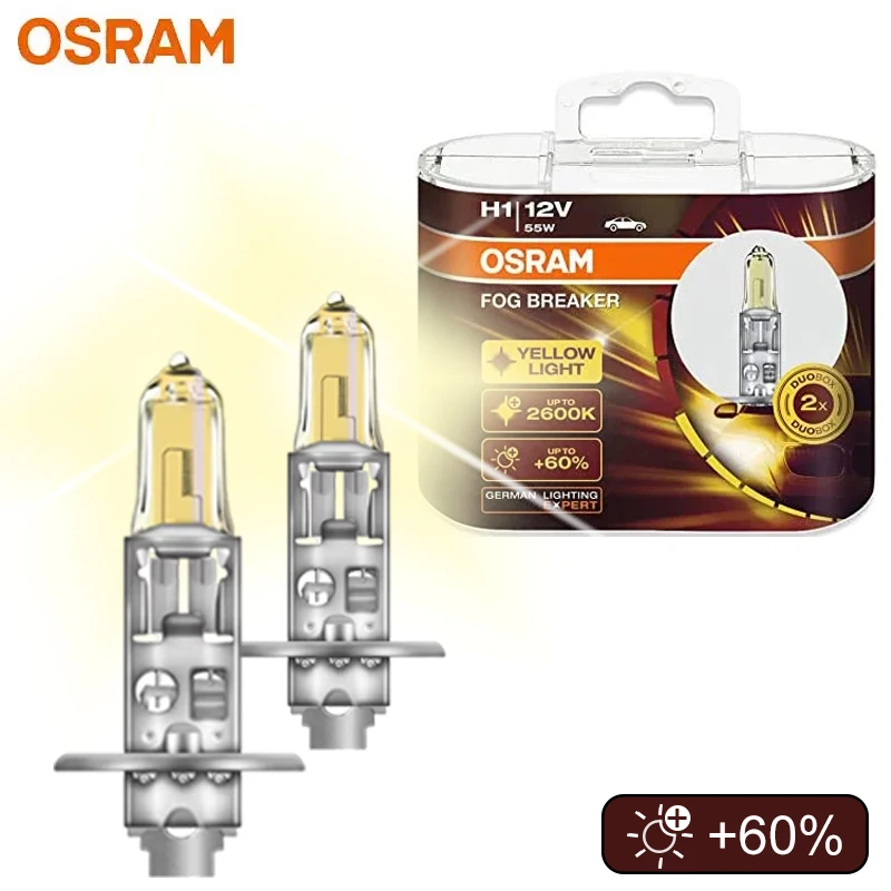 OSRAM H1 Yellow Halogen Fog Breaker 12V 55W Car Original Headlight 2600K Light +60% Brighter Auto Genuine Lamps 62150FBR,Pair