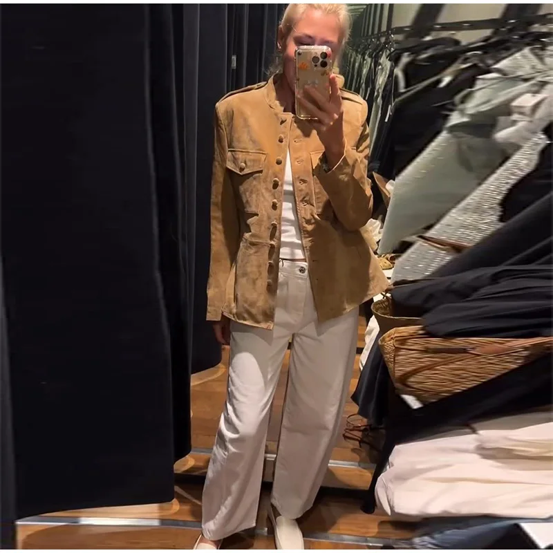 2026 Herbst Vintage Einreihige Jacken Damen Einfarbig Stehkragen Taschen Langarm Mantel Damen Freizeit-Oberbekleidung – Detail 16