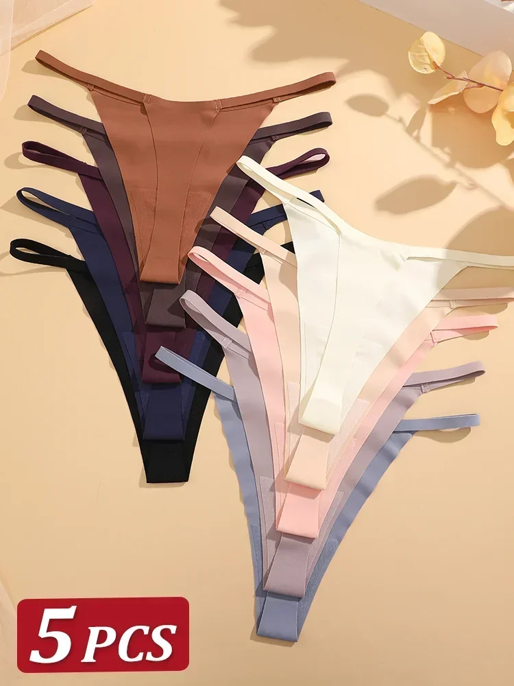 5PCS/Set Sexy Seamless Ics Silk Thongs for Women Low Rise Panties Female Ultra Thin Breathable Underwear G-String T-Back Breifs