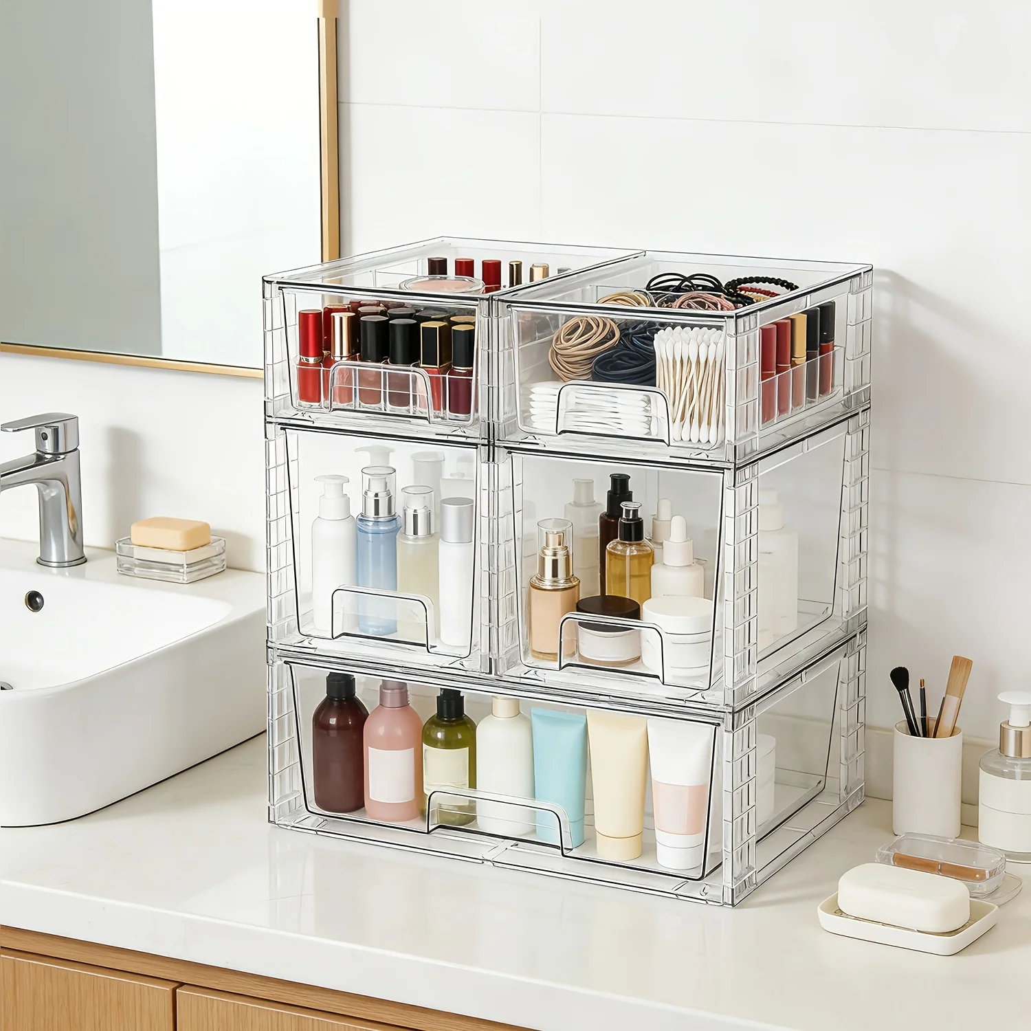 

Set of 5 Clear Stackable Storage Drawers | Acrylic Bathroom Kitchen Undersink Organizers, Plastic Storage Bins for Closet
