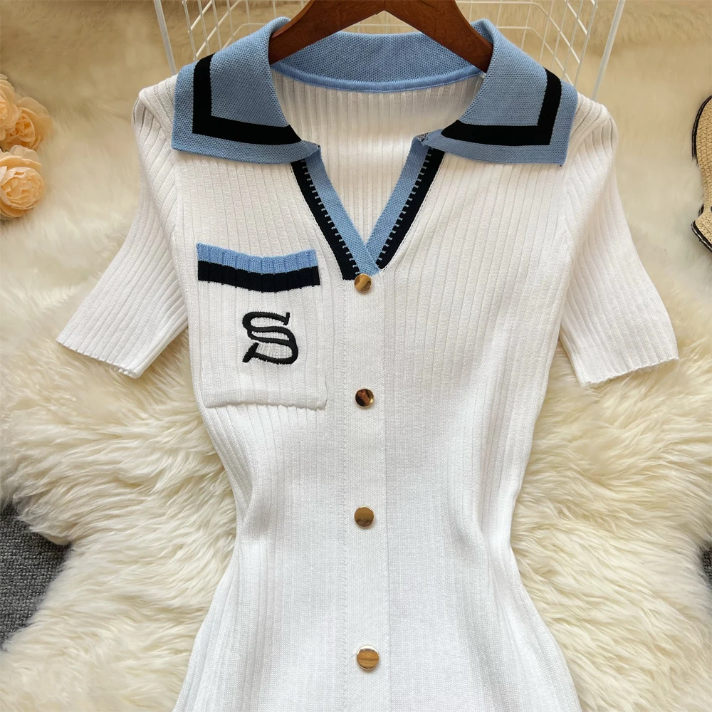 YuooMuoo Chic Mode Sexy Paket Hüften Gestrickte Lange Kleid Frauen Marke Mode drehen-unten Kragen Stickerei Bodycon Hemd Kleid