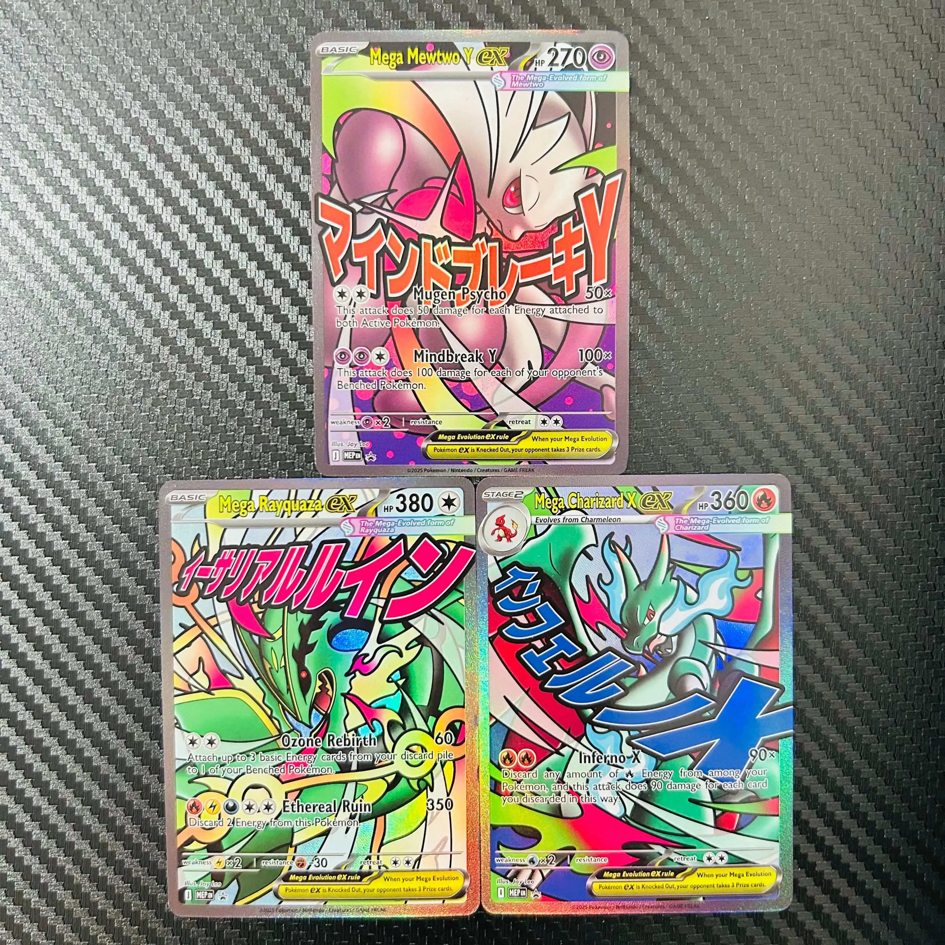 

DIY Pokemon Mega Mewtwo Y Rayquaza Charizard X EX 3Pcs Holographic Texture EN Version Full Art Premium Anime Collection Card