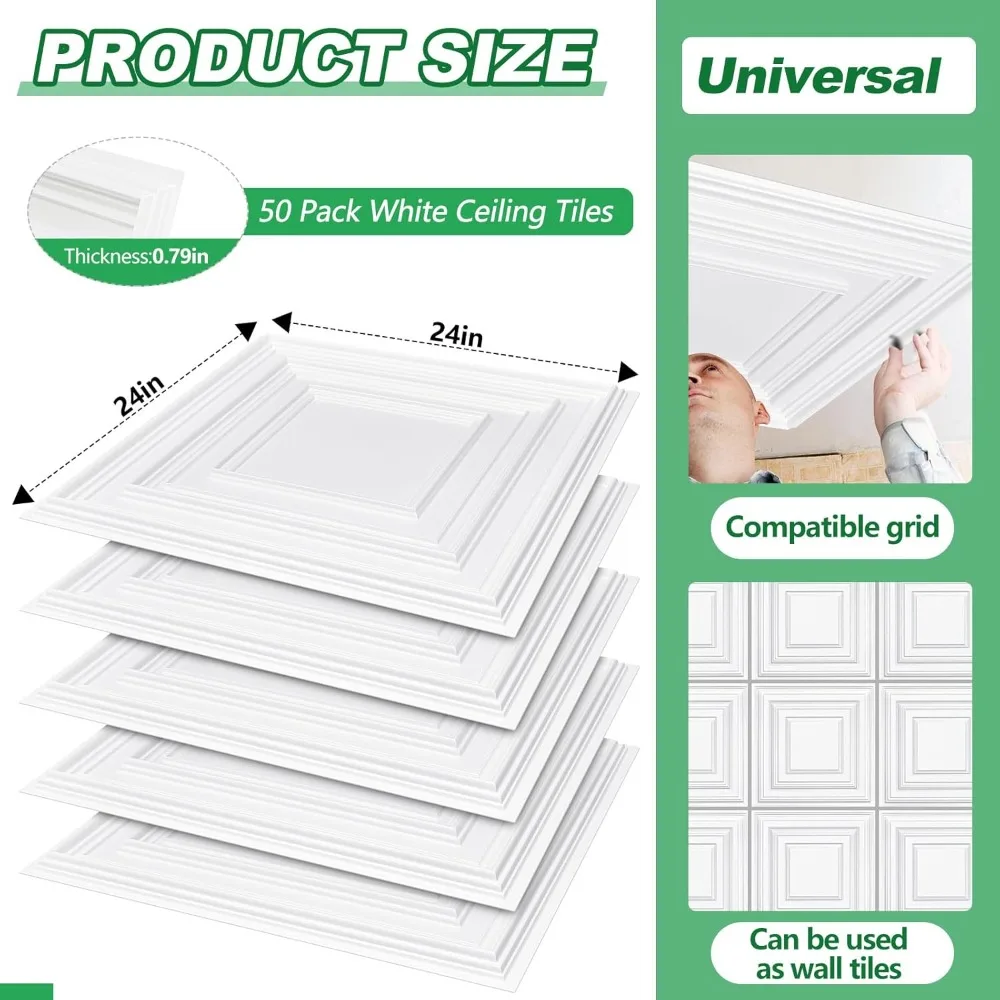 50枚 2 x 2フィート ホワイトPVCプラスチック製ドロップ天井タイル 24 x 24 x 0.8インチ 天井パネル装飾カバー 200平方フィート フィート