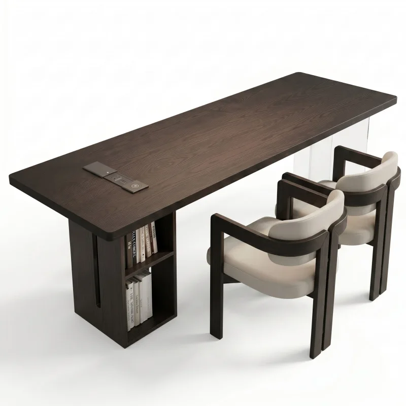 Black solid wood desk with socket double study table Italian horizontal hall sofa back long table